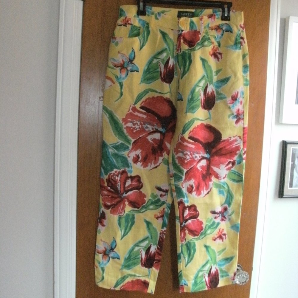 Lauren Ralph Lauren Cropped 100% Linen Yellow Red & Green Floral Pants size 8
